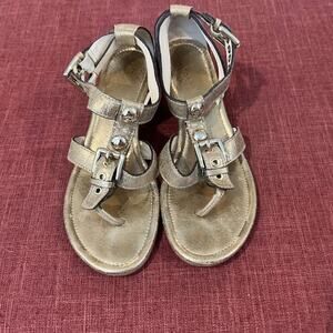 Coach Women’s Viktoria Size 7.5M Gold Leather Low Wedge T-Strap Sandals EUC